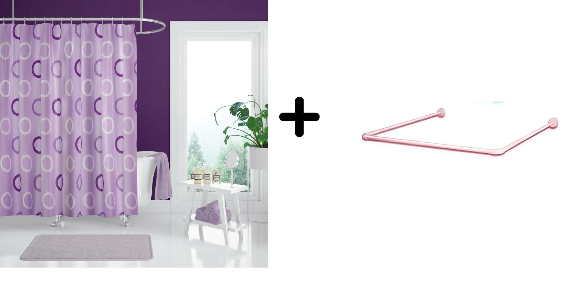 Banyo Perdesi 5033 Lila 1x180x200, Perde Borusu Askı Aparatı Köşe Boru Pembe Hediyeli, Duş Perdesi Seti